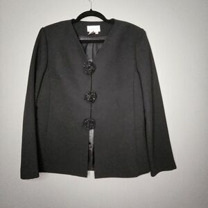 Adrianna Papell Black 3‎ Beaded Flower Button Lined Long Cocktail Jacket Size 6